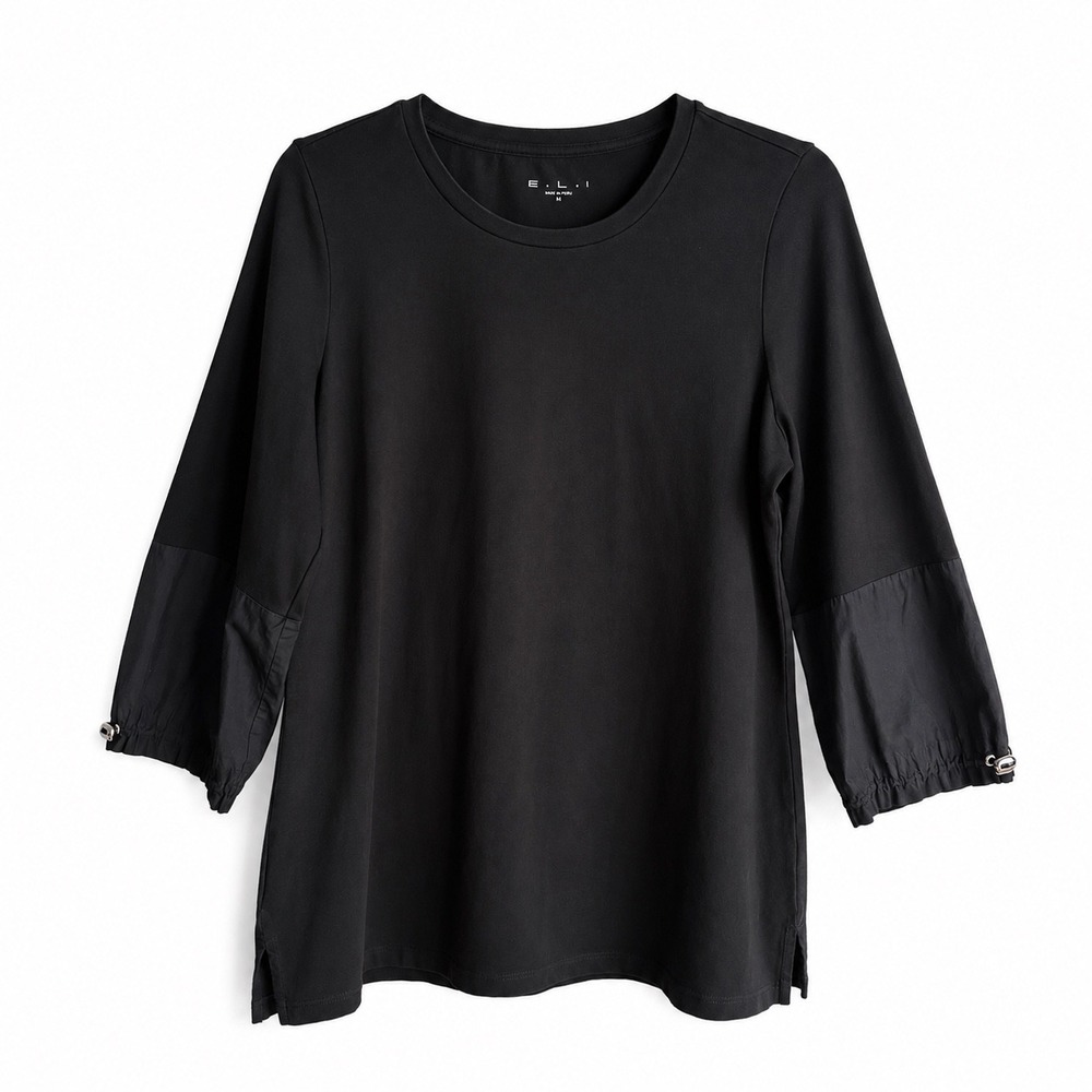 E.L.I Mixed Media Balloon Sleeve Top Women Medium Black Minimalist Quiet Luxury